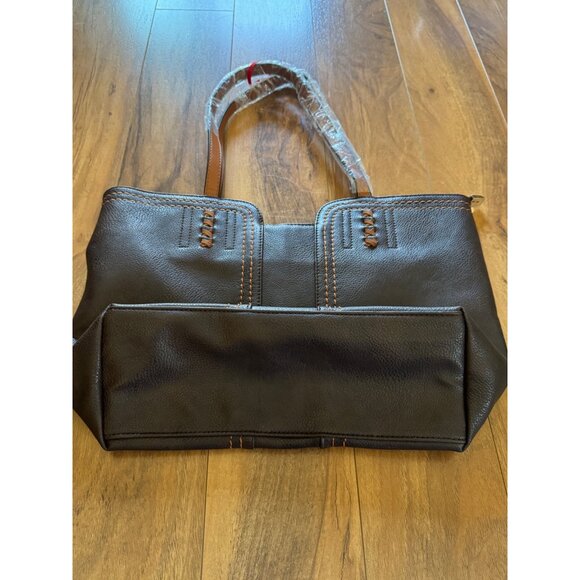 Montana West Brown Faux Leather Tote Bag With Decorative Stitching NWOT - Picture 5 of 8